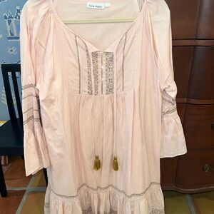 Roller Rabbit Blush Pink Embroidered Peasant Tunic with Gold Tassels
